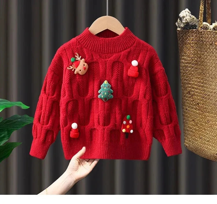2024 Winter Christmas Knitted Sweater Children Fashion Lovely Festival Sweaters Warm Versatile Outdoor Clothes Sueter Navideño