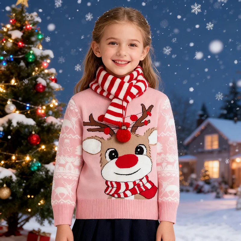 Boys Girls Knit Sweatshirts Xmas Print Pullover Kids Christmas Sweaters Cartoon Deer Clothes Autumn Winter Warm Clothes Knitwear