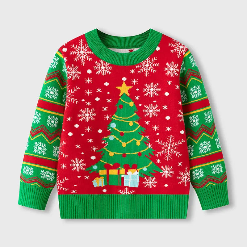 2025 Kids Boys Girls Pullover Christmas Sweater Winter Autumn Clothes Print Cute Cartoon Plush Green Warm Children Clothing 2-7Y