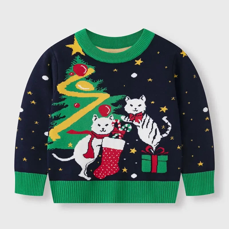 Boys Girls Knit Sweatshirts Xmas Print Pullover Kids Christmas Sweaters Cartoon Deer Clothes Autumn Winter Warm Clothes Knitwear