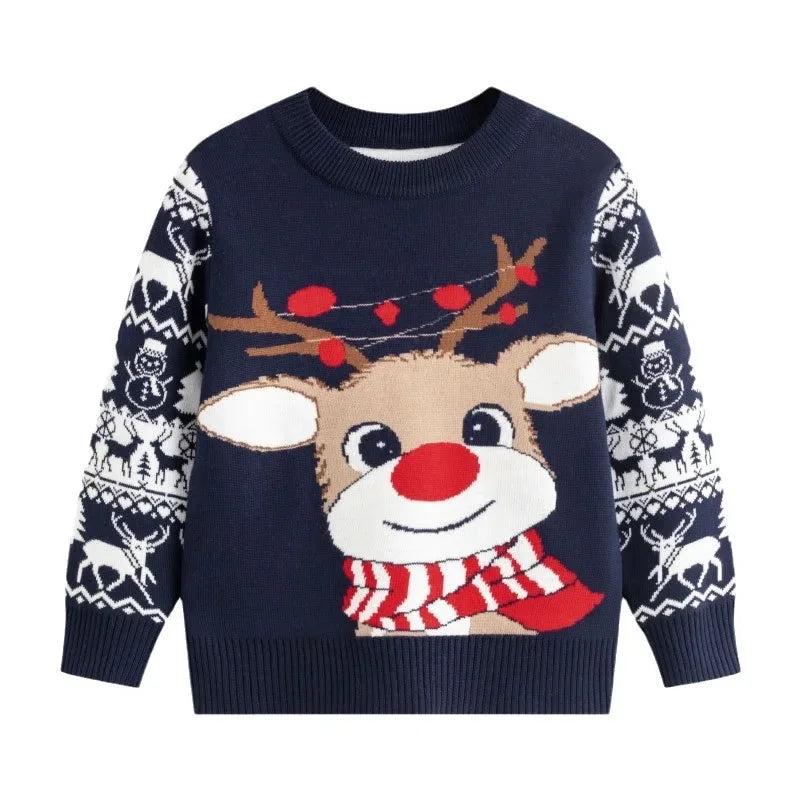 Boys Girls Knit Sweatshirts Xmas Print Pullover Kids Christmas Sweaters Cartoon Deer Clothes Autumn Winter Warm Clothes Knitwear