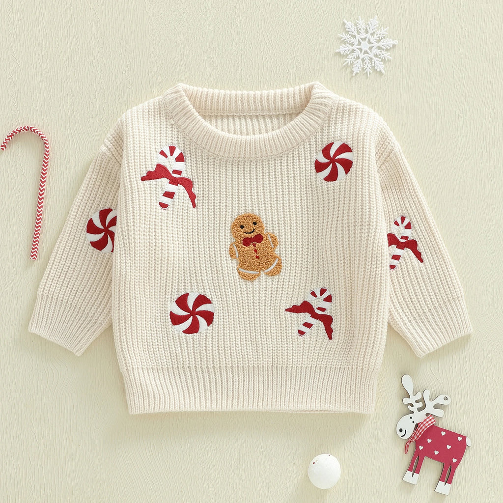 FOCUSNORM 0-3Y Infant Baby Boys Girls Christmas Sweater Candy Gingerbread Man Embroidered Ribbed Long Sleeve Knitted Tops