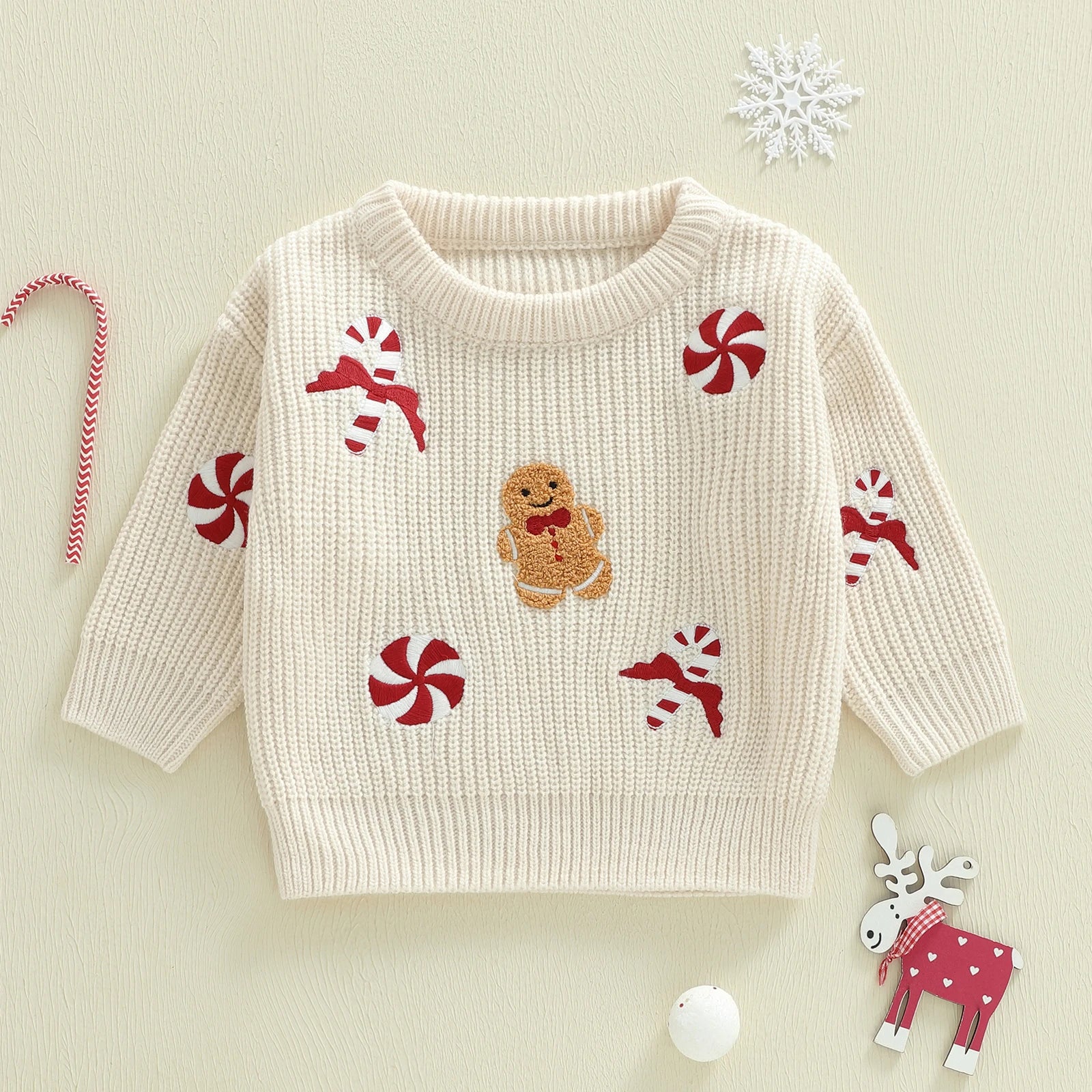 FOCUSNORM 0-3Y Infant Baby Boys Girls Christmas Sweater Candy Gingerbread Man Embroidered Ribbed Long Sleeve Knitted Tops