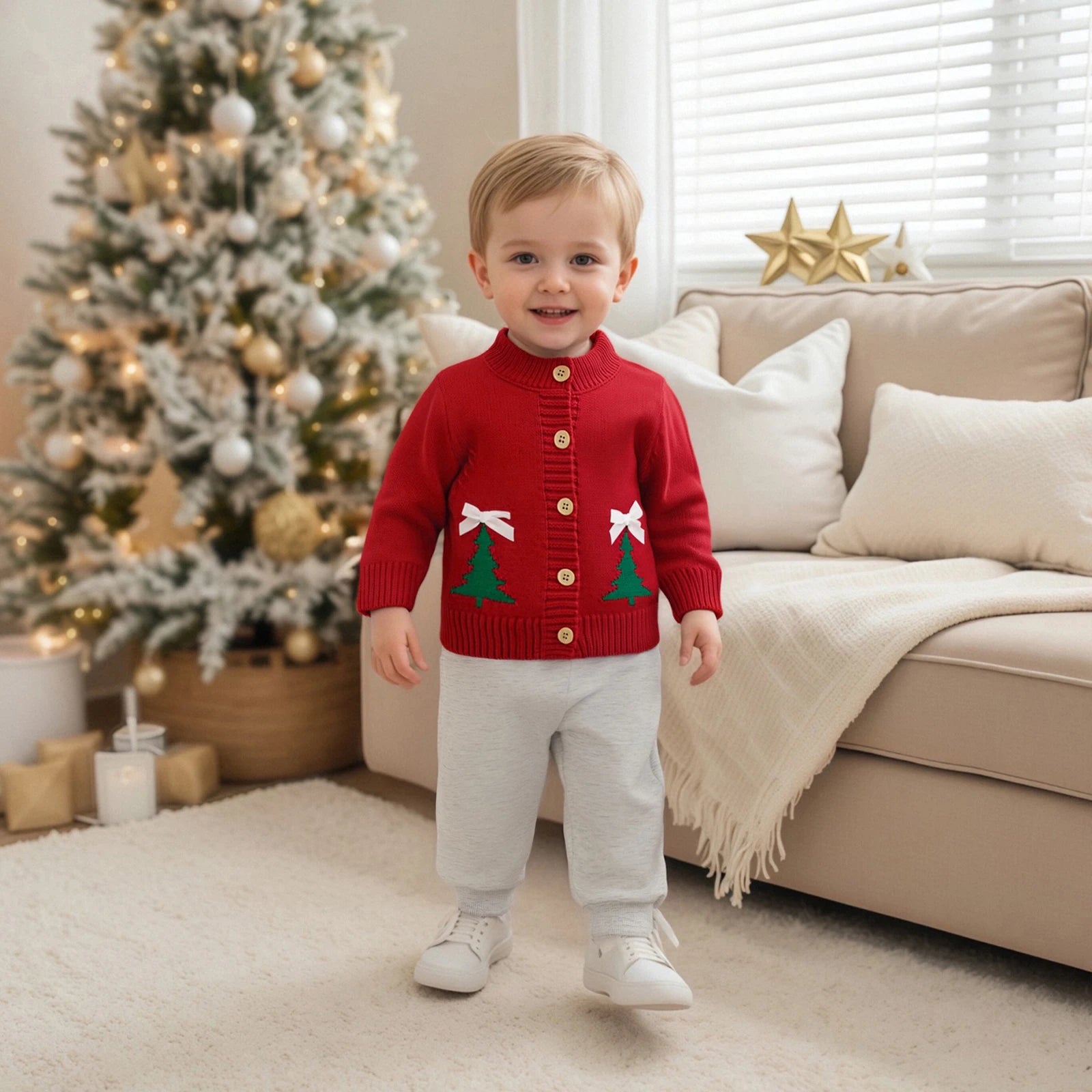 0-36months Unisex Baby Christmas Cardigan Long Sleeve Button Closure Santa Claus Tree Warm Winter Girls Boys Xmas Sweater