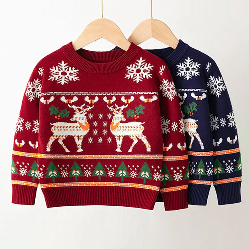 Christmas Kids Sweater Children Cotton Warm Knitwear Autumn Boys Girls Cartoon Print Pullover Toddler Winter Clothing 2-6 Years