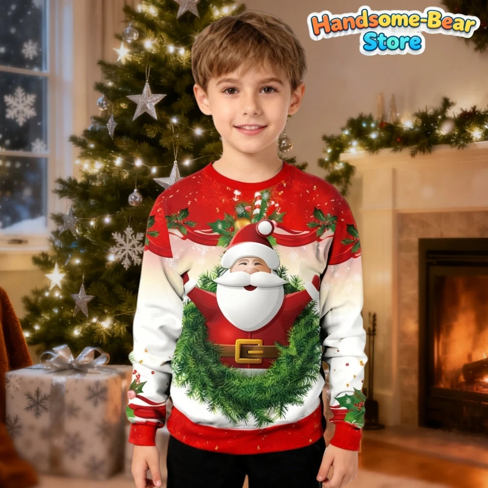 Merry Christmas Kids Sweatshirts Snowman Graphic Sweatshirts Unisex Pullover Hoodies for Boys Clothes Santa Claus Cartoon Tops