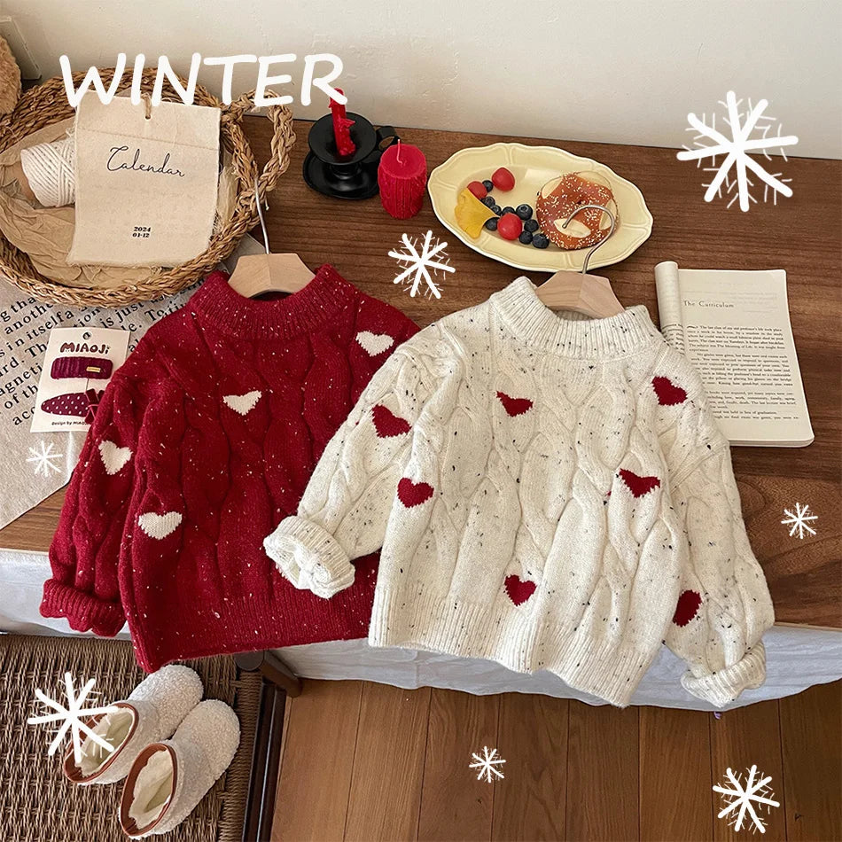 Girls Winter Red Thickened Love Sweater Winter New Baby Girl Korean Style Pullover Sweater Christmas Clothes With Tutu Dress