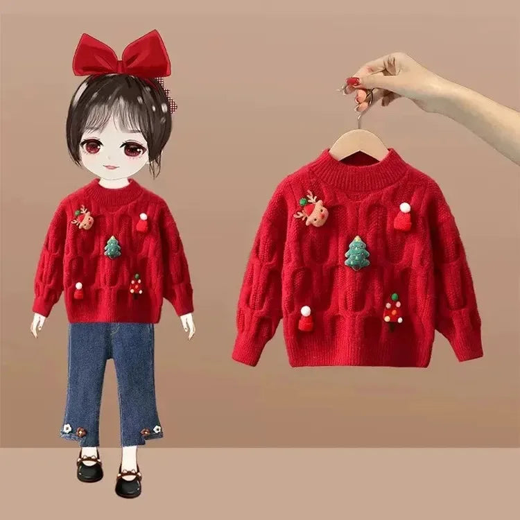 2024 Winter Christmas Knitted Sweater Children Fashion Lovely Festival Sweaters Warm Versatile Outdoor Clothes Sueter Navideño