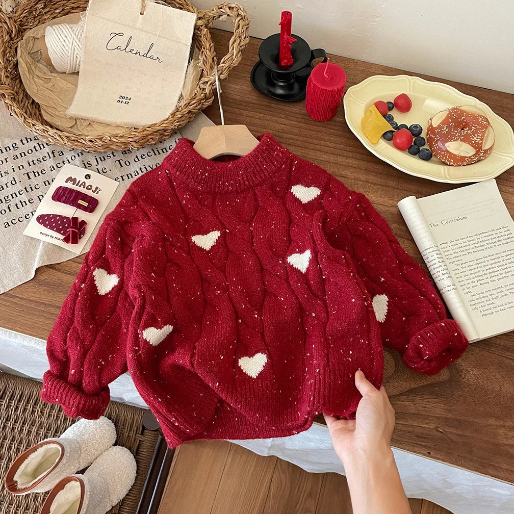 Girls Winter Red Thickened Love Sweater Winter New Baby Girl Korean Style Pullover Sweater Christmas Clothes With Tutu Dress