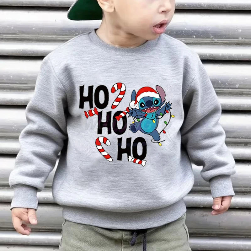 Merry Christmas Clothes Child Girl Boy Stitch Kawaii Cartoon Sweatshirt Ho Ho Ho Christmas Lights Sportswear Children's Clothing