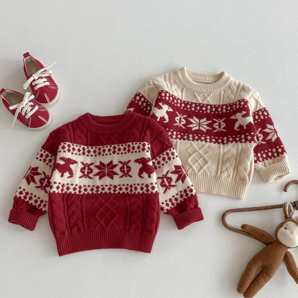 2025 Christmas Winter New Kids Sweater Christmas New Year Snowflake Knit Children Top Warm Pullover Sweater 1-6Yrs Boys Girls
