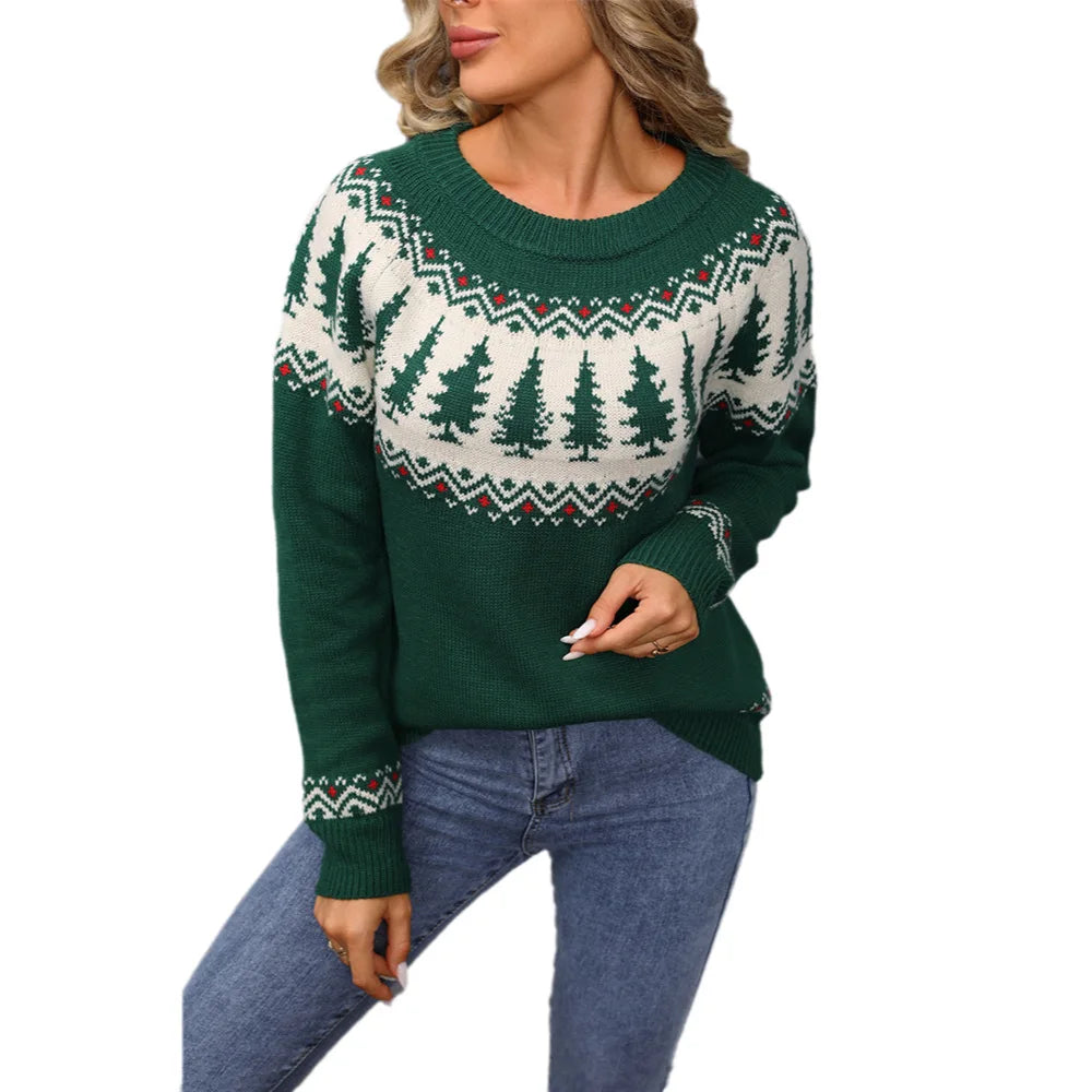 2025 Winter New Christmas Sweater Womens Round Neck Jacquard Tree Green Knitwear Holiday Party Pullover