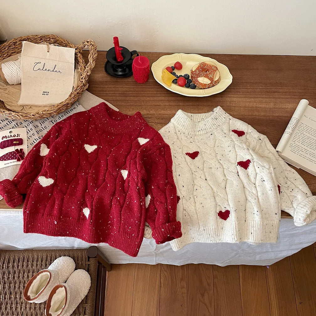 Girls Winter Red Thickened Love Sweater Winter New Baby Girl Korean Style Pullover Sweater Christmas Clothes With Tutu Dress
