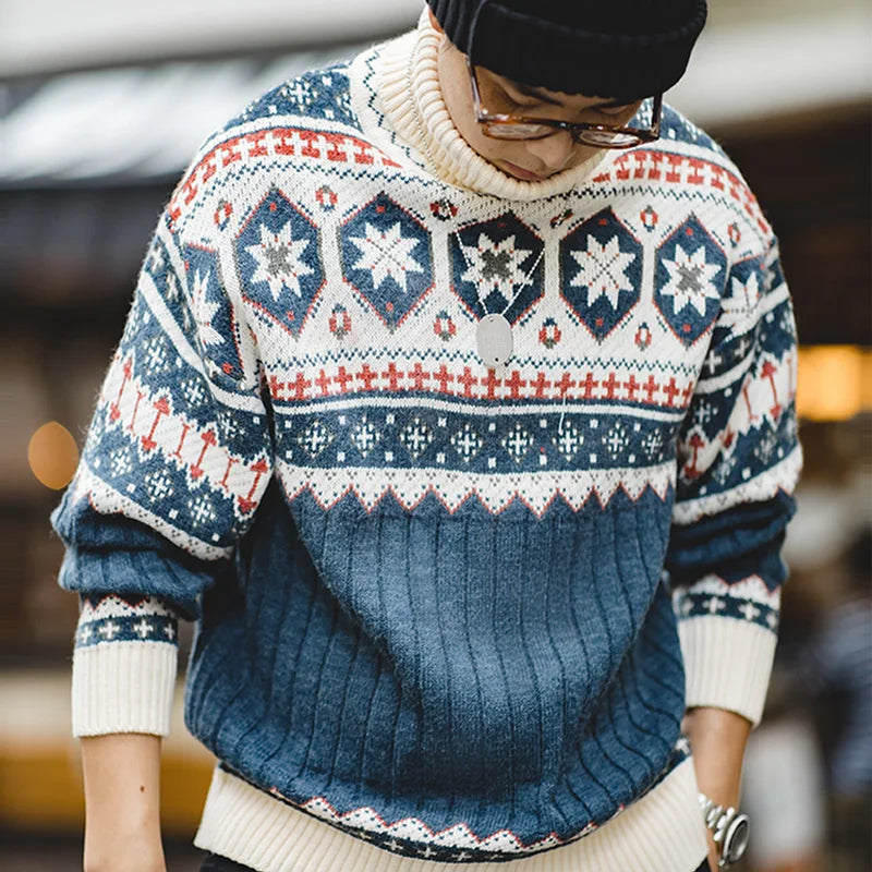 Maden Vintage Fair Isle Knitted Sweater Christmas Warm Turtleneck Knitted Pullover Barn-style Warm Knitwear for Men's Winter