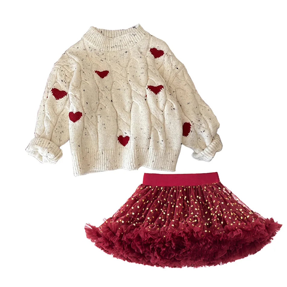 Girls Winter Red Thickened Love Sweater Winter New Baby Girl Korean Style Pullover Sweater Christmas Clothes With Tutu Dress
