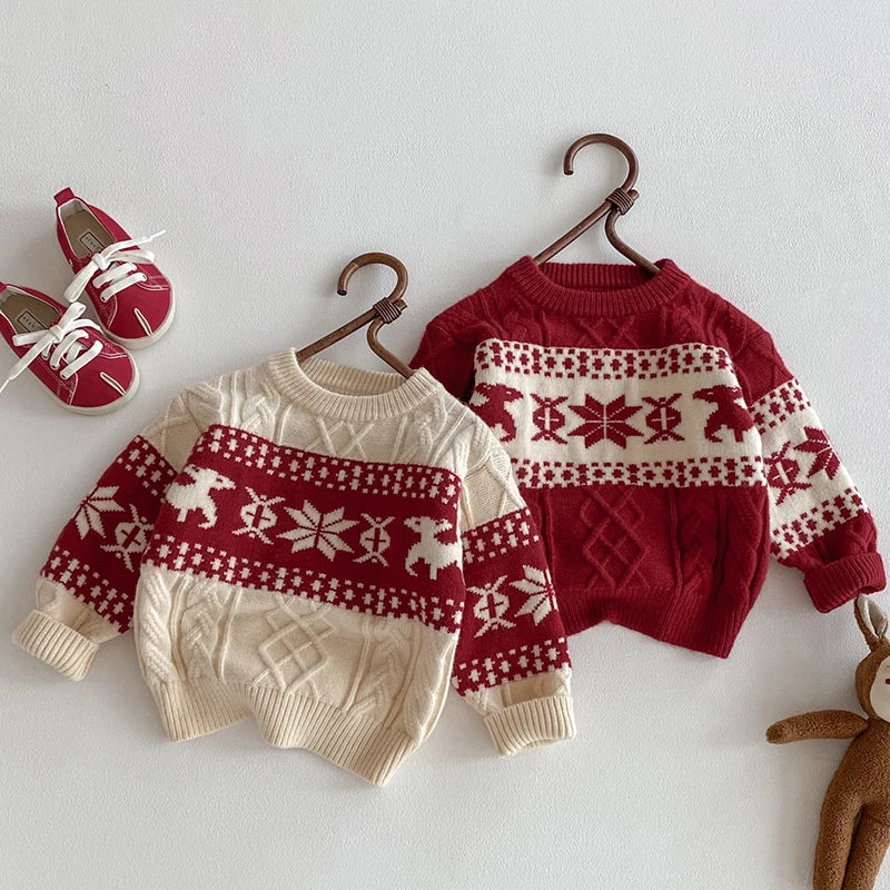 2025 Christmas Winter New Kids Sweater Christmas New Year Snowflake Knit Children Top Warm Pullover Sweater 1-6Yrs Boys Girls