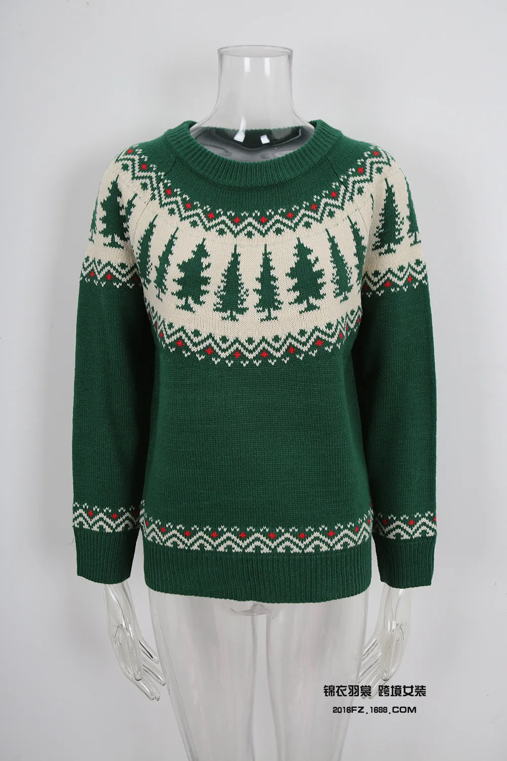 2025 Winter New Christmas Sweater Womens Round Neck Jacquard Tree Green Knitwear Holiday Party Pullover