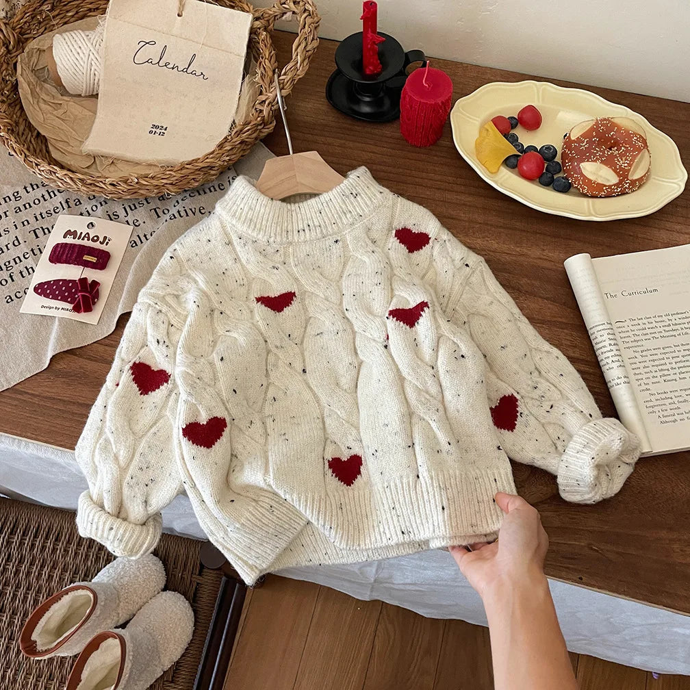 Girls Winter Red Thickened Love Sweater Winter New Baby Girl Korean Style Pullover Sweater Christmas Clothes With Tutu Dress