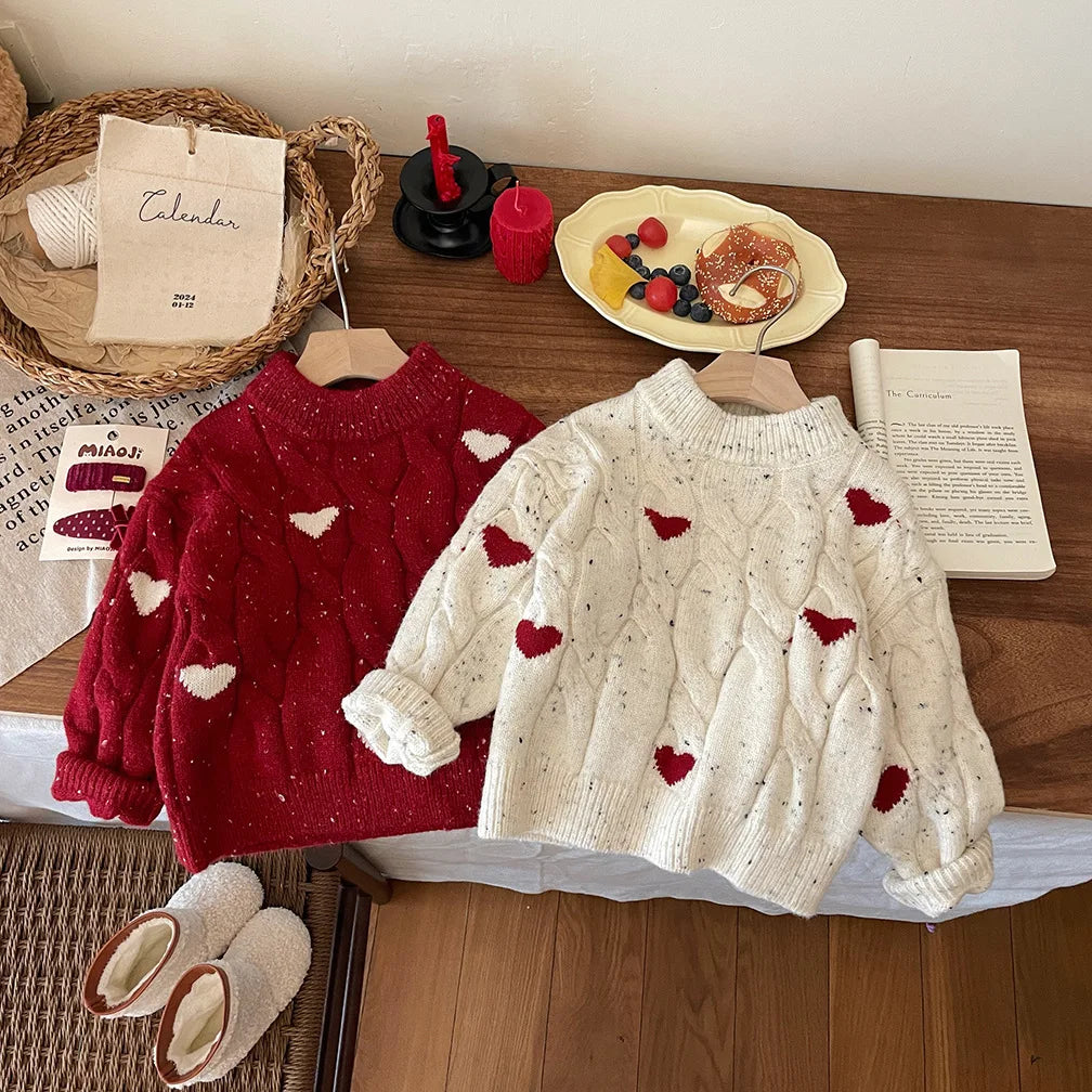 Girls Winter Red Thickened Love Sweater Winter New Baby Girl Korean Style Pullover Sweater Christmas Clothes With Tutu Dress
