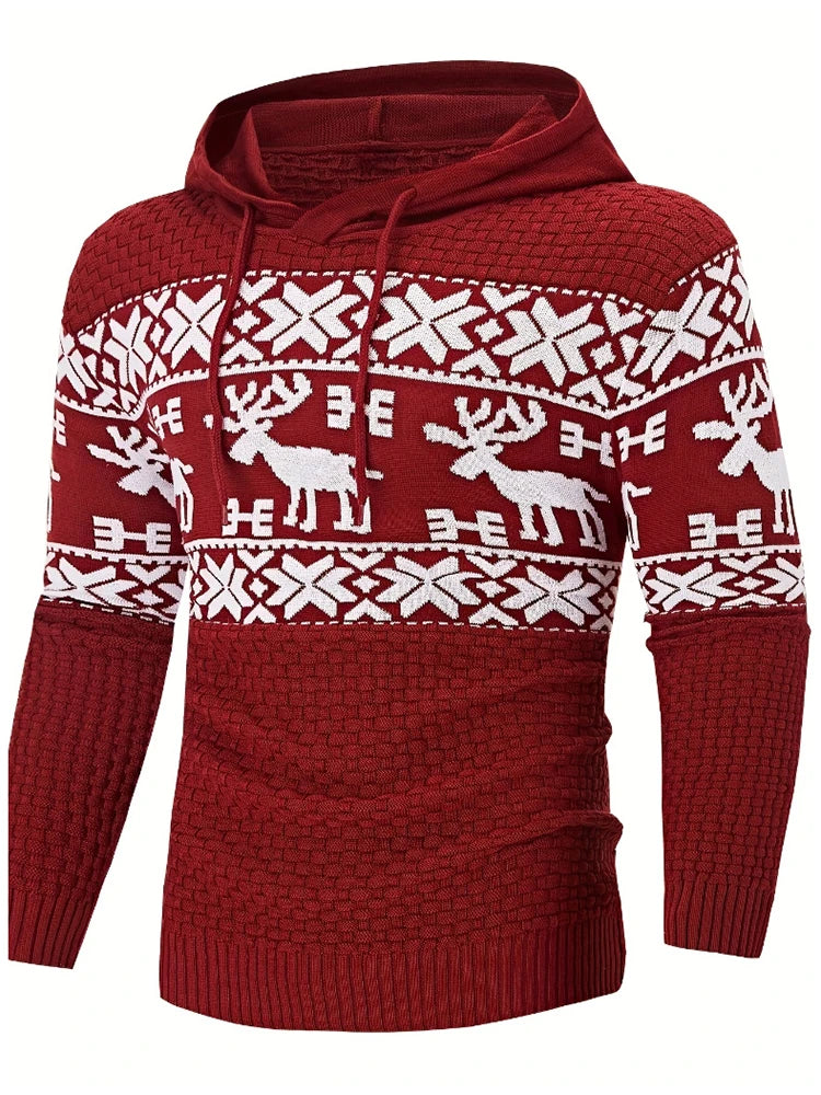 Vintage Graphic Crochet Sweater Mens Hooded Jumper Tops Autumn Winter Christmas Style Sweaters Men Casual Slim Knitted Hoodies