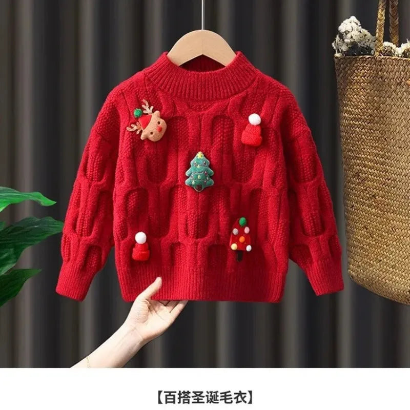 2024 Winter Christmas Knitted Sweater Children Fashion Lovely Festival Sweaters Warm Versatile Outdoor Clothes Sueter Navideño