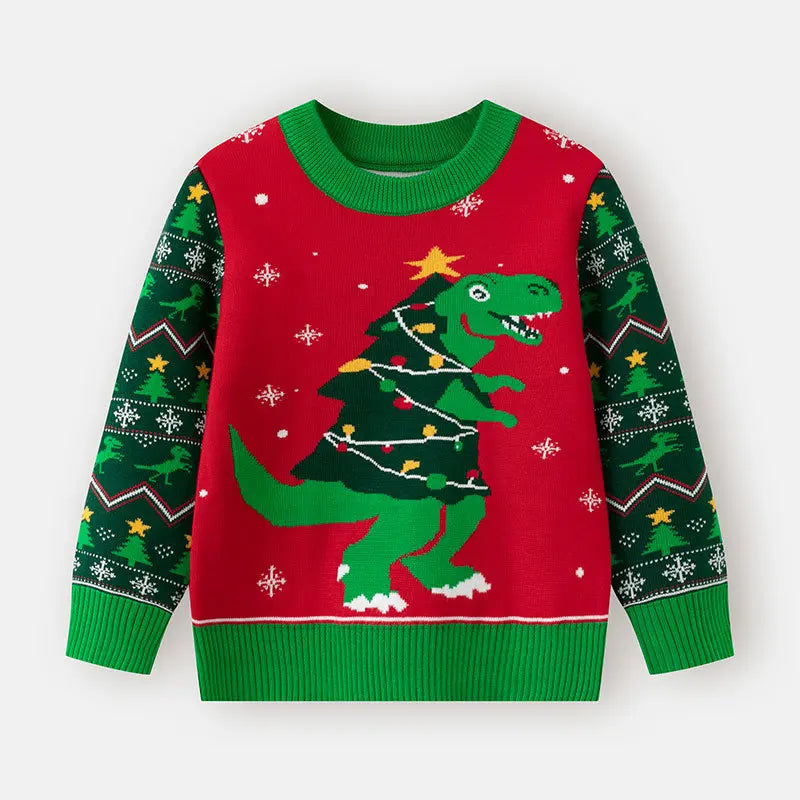 2025 Kids Boys Girls Pullover Christmas Sweater Winter Autumn Clothes Print Cute Cartoon Plush Green Warm Children Clothing 2-7Y