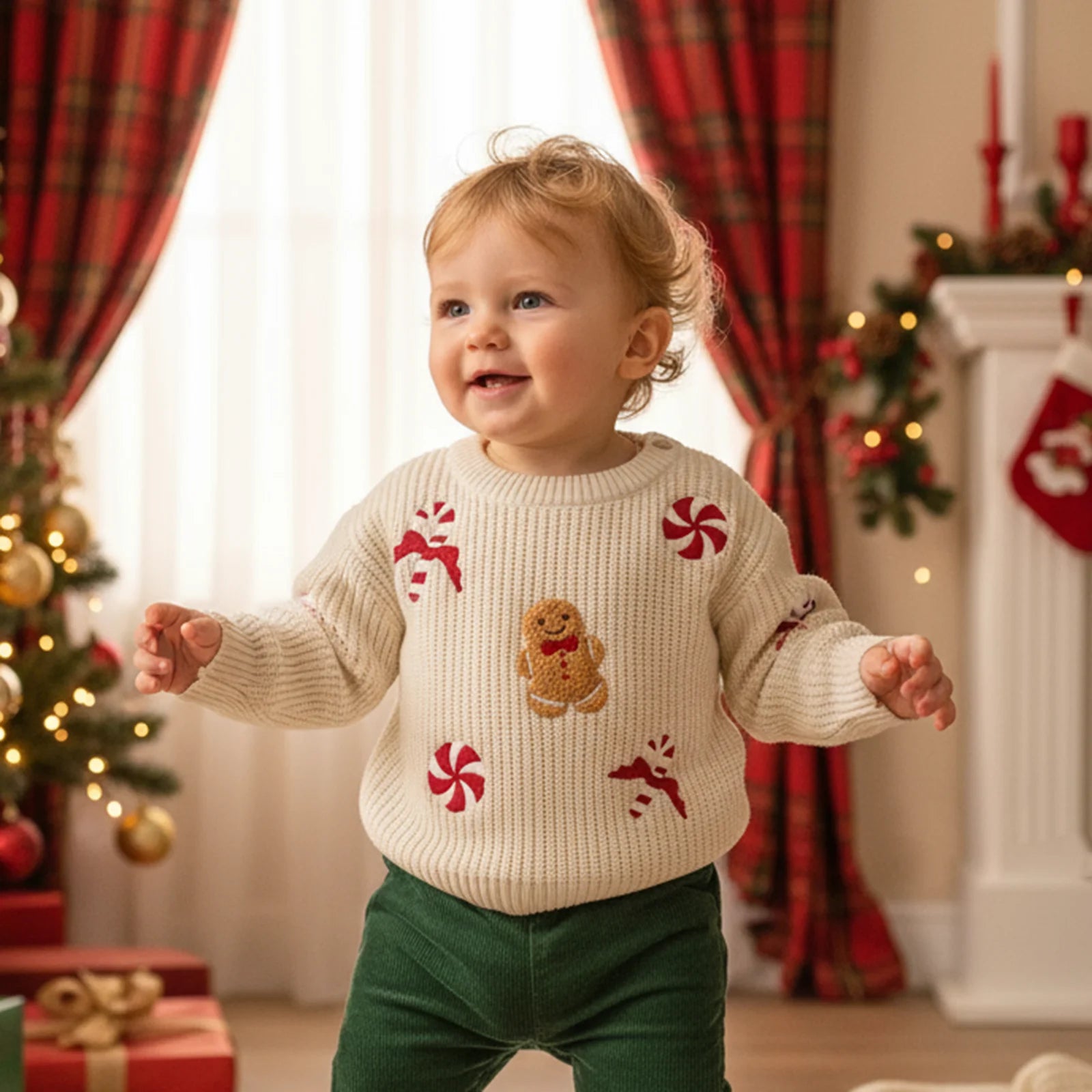 FOCUSNORM 0-3Y Infant Baby Boys Girls Christmas Sweater Candy Gingerbread Man Embroidered Ribbed Long Sleeve Knitted Tops