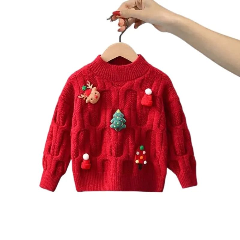 2024 Winter Christmas Knitted Sweater Children Fashion Lovely Festival Sweaters Warm Versatile Outdoor Clothes Sueter Navideño