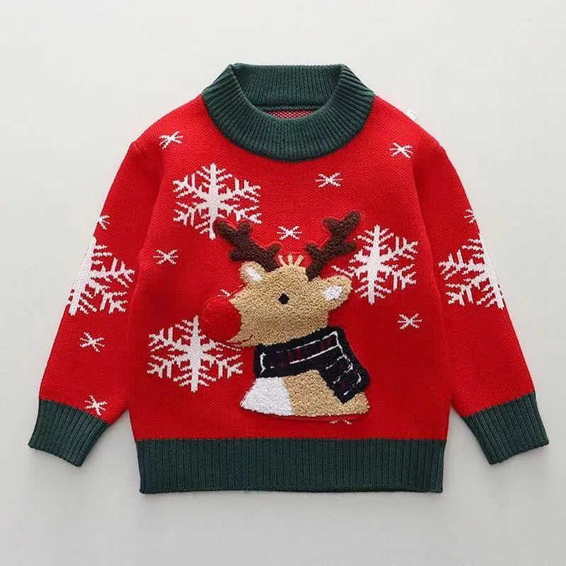 Christmas Warm Sweaters Kids Xmas Print Pullover Trendy Boys Girls Cartoon Snowflake Knitwear Winter Children's Knit Tops 2-6Y