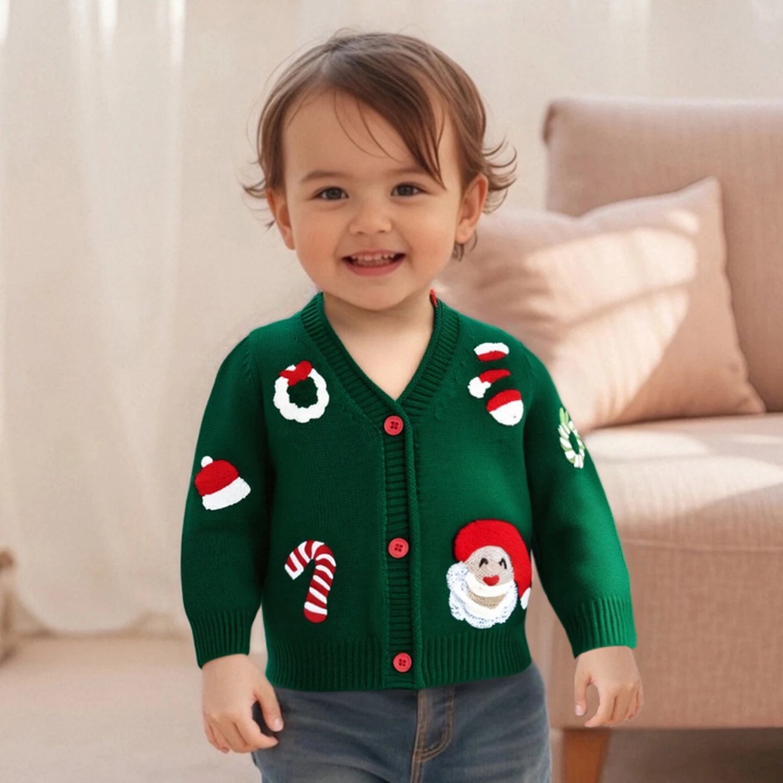 Toddler Baby Christmas Cardigan Sweater Santa Candy Cane Wreath Button Down V Neck Long Sleeve Knitted Tops
