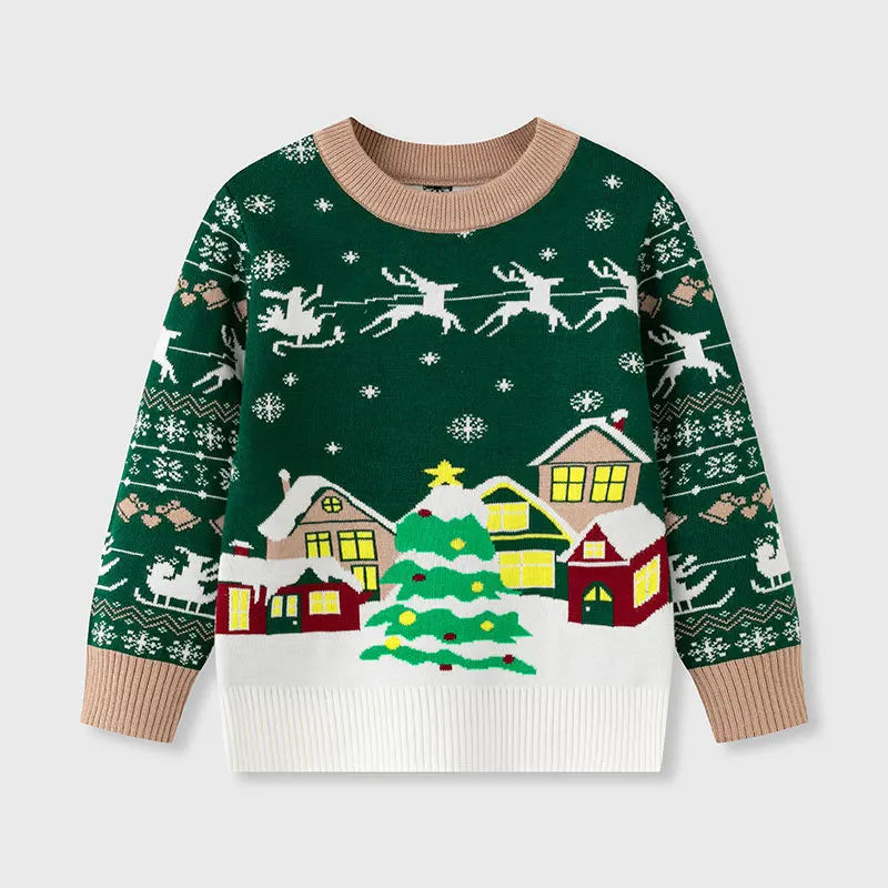 2025 Kids Boys Girls Pullover Christmas Sweater Winter Autumn Clothes Print Cute Cartoon Plush Green Warm Children Clothing 2-7Y
