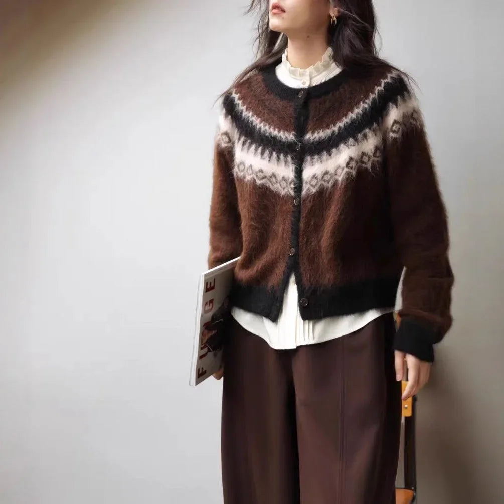 Retro Nordic Style Alpaca Wool Sweater Crew Neck Full Sleeve Vintage Artistic Design Open Cardigan Women's Fashion Top