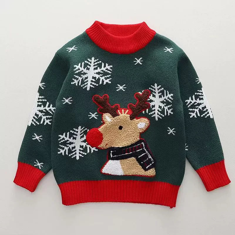 Christmas Warm Sweaters Kids Xmas Print Pullover Trendy Boys Girls Cartoon Snowflake Knitwear Winter Children's Knit Tops 2-6Y
