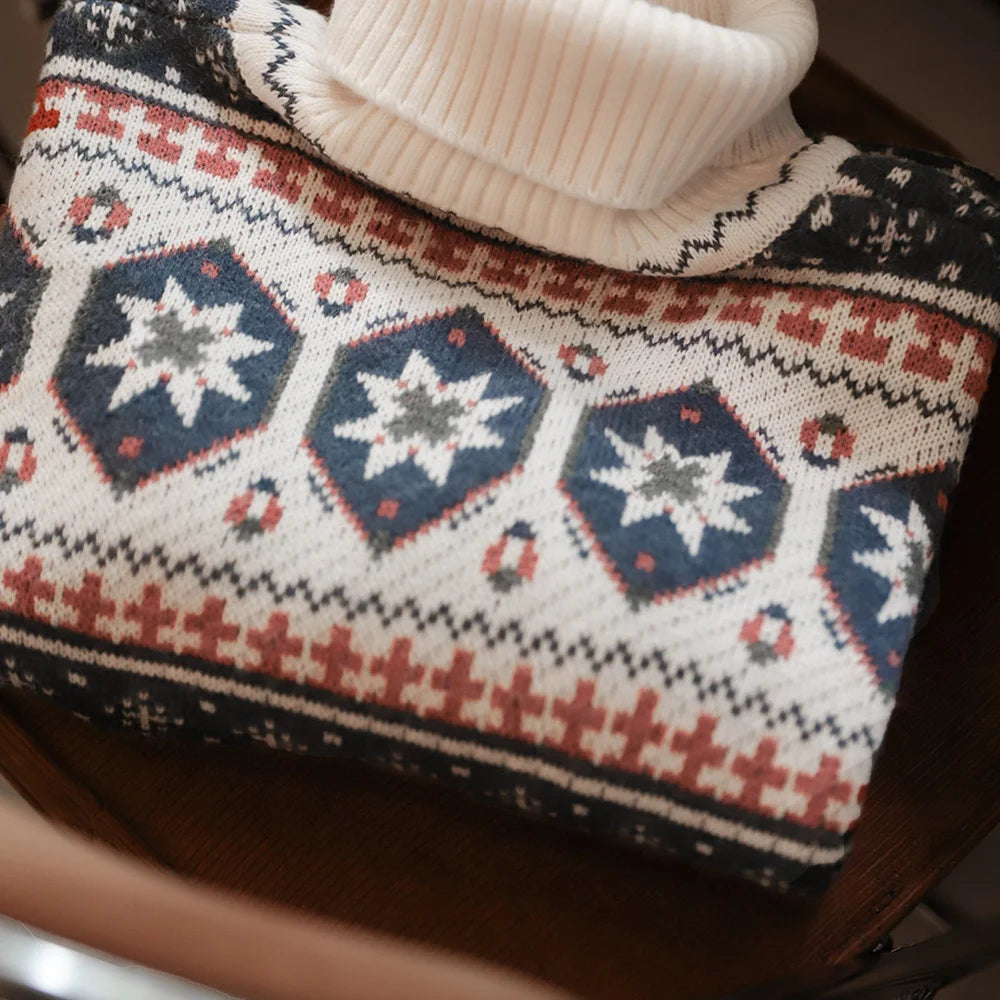 Maden Vintage Fair Isle Knitted Sweater Christmas Warm Turtleneck Knitted Pullover Barn-style Warm Knitwear for Men's Winter