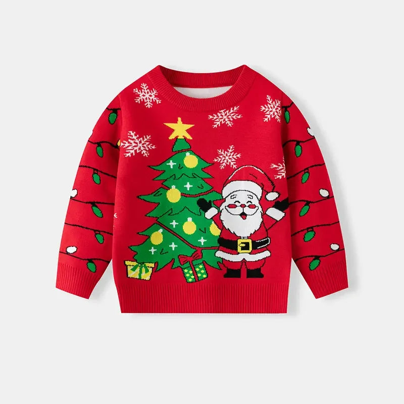 Boys Girls Knit Sweatshirts Xmas Print Pullover Kids Christmas Sweaters Cartoon Deer Clothes Autumn Winter Warm Clothes Knitwear