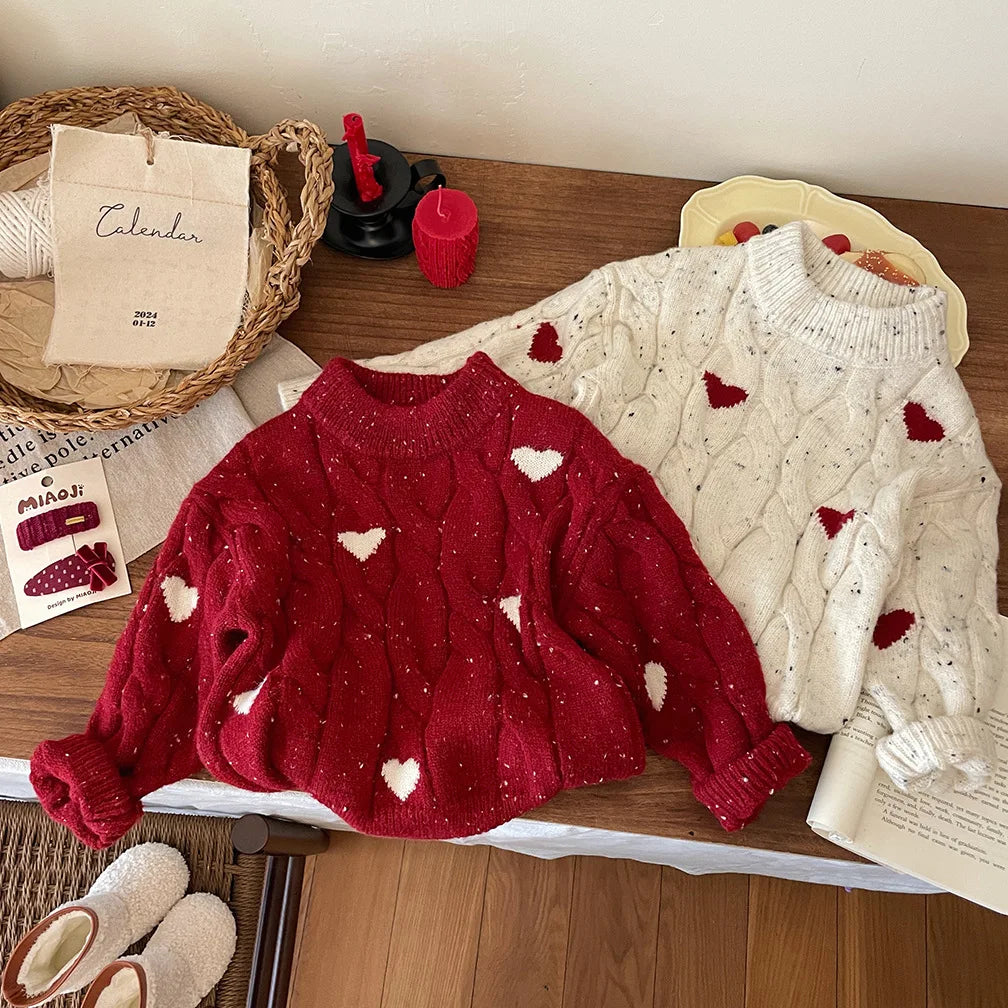 Girls Winter Red Thickened Love Sweater Winter New Baby Girl Korean Style Pullover Sweater Christmas Clothes With Tutu Dress