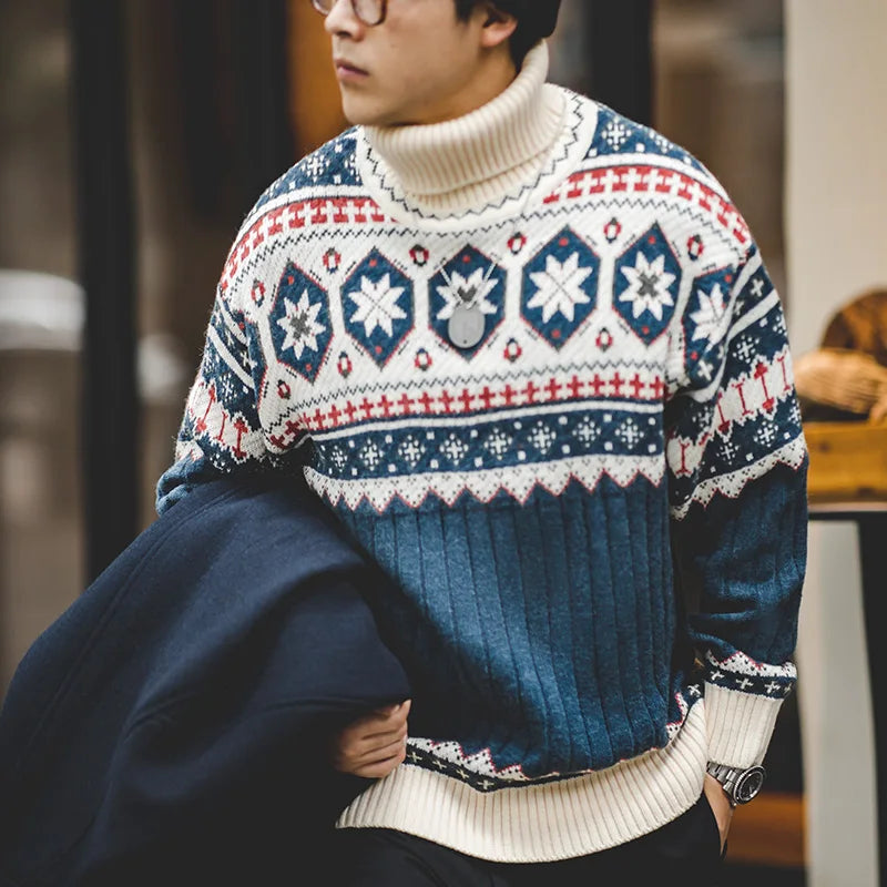 Maden Vintage Fair Isle Knitted Sweater Christmas Warm Turtleneck Knitted Pullover Barn-style Warm Knitwear for Men's Winter