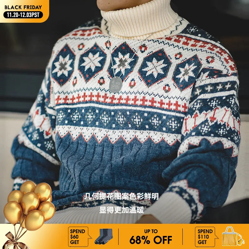 Maden Vintage Fair Isle Knitted Sweater Christmas Warm Turtleneck Knitted Pullover Barn-style Warm Knitwear for Men's Winter