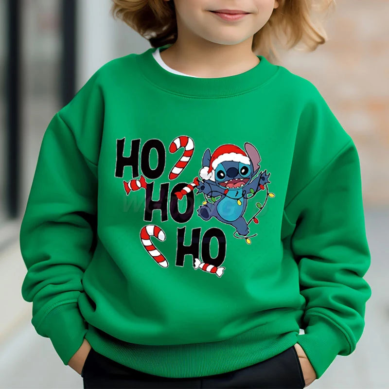 Merry Christmas Clothes Child Girl Boy Stitch Kawaii Cartoon Sweatshirt Ho Ho Ho Christmas Lights Sportswear Children's Clothing