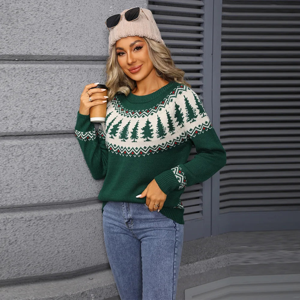 2025 Winter New Christmas Sweater Womens Round Neck Jacquard Tree Green Knitwear Holiday Party Pullover