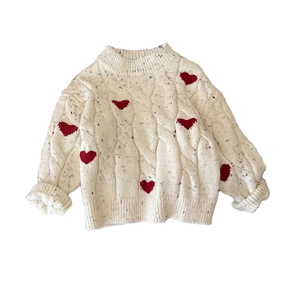 Girls Winter Red Thickened Love Sweater Winter New Baby Girl Korean Style Pullover Sweater Christmas Clothes With Tutu Dress