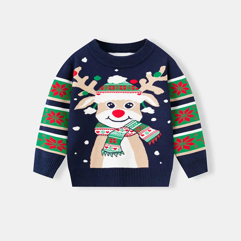 2025 Kids Boys Girls Pullover Christmas Sweater Winter Autumn Clothes Print Cute Cartoon Plush Green Warm Children Clothing 2-7Y