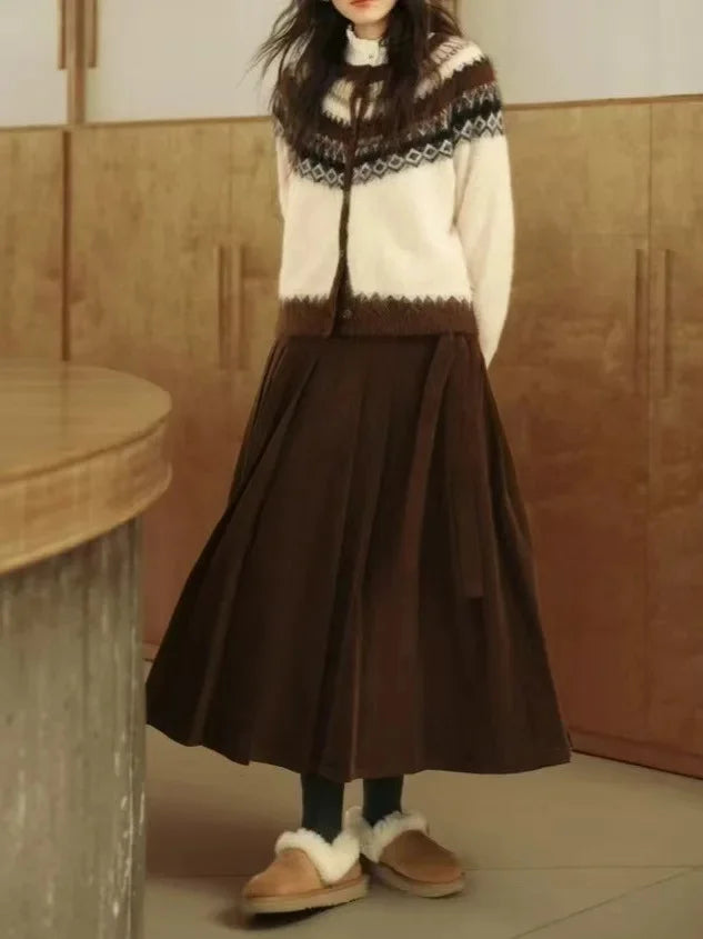 Retro Nordic Style Alpaca Wool Sweater Crew Neck Full Sleeve Vintage Artistic Design Open Cardigan Women's Fashion Top