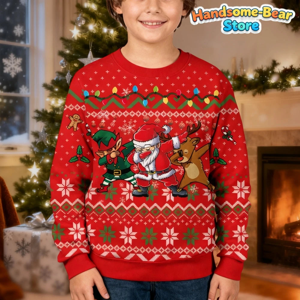 Merry Christmas Kids Sweatshirts Snowman Graphic Sweatshirts Unisex Pullover Hoodies for Boys Clothes Santa Claus Cartoon Tops
