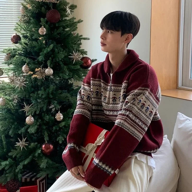 Winter Fair Isle Half Zip Polo Neck Sweaters For Men Y2K Vintage Christmas Knitted Pullovers 2025 New Red Knitwear Man jersey