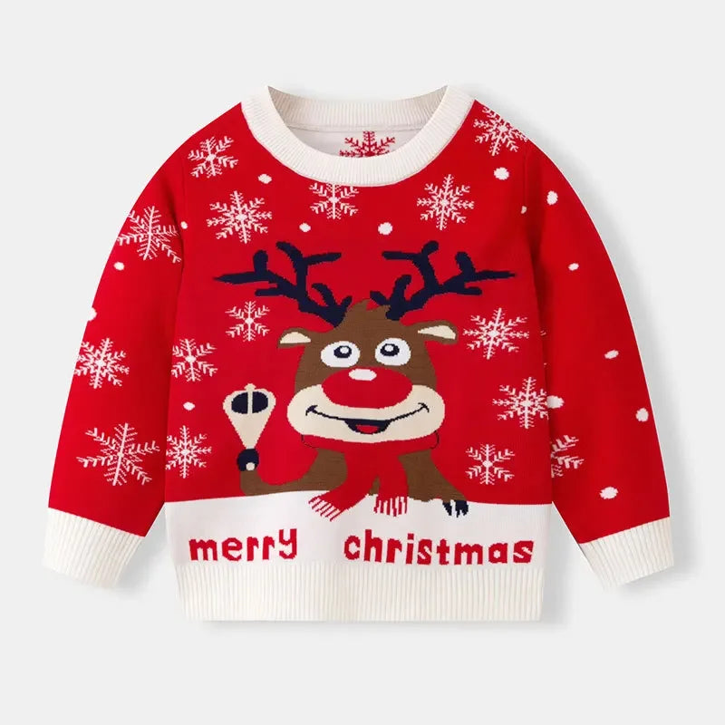 Boys Girls Knit Sweatshirts Xmas Print Pullover Kids Christmas Sweaters Cartoon Deer Clothes Autumn Winter Warm Clothes Knitwear