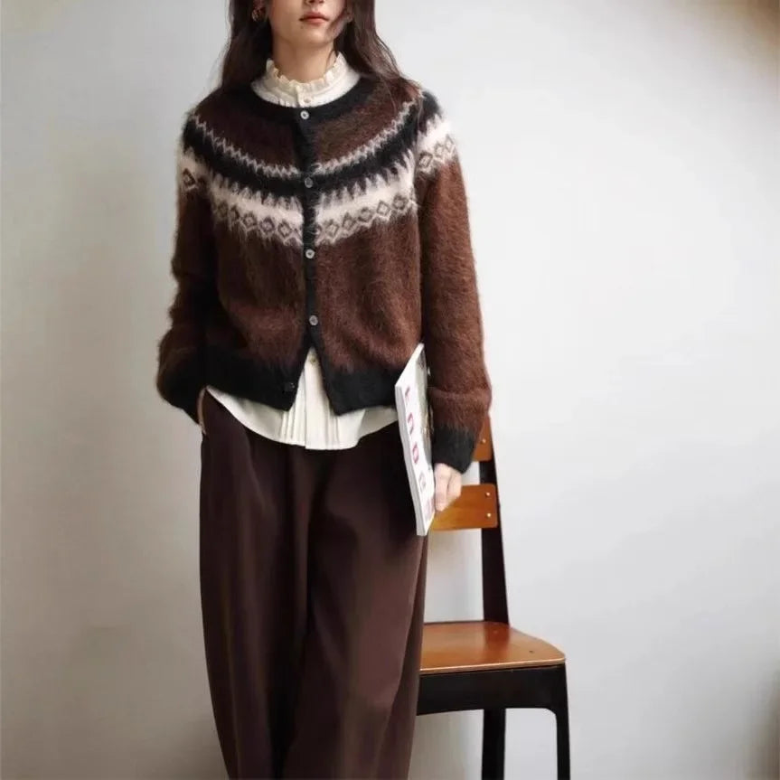 Retro Nordic Style Alpaca Wool Sweater Crew Neck Full Sleeve Vintage Artistic Design Open Cardigan Women's Fashion Top