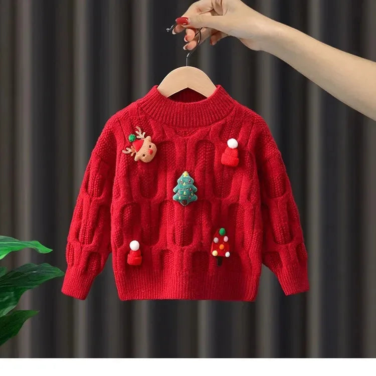 2024 Winter Christmas Knitted Sweater Children Fashion Lovely Festival Sweaters Warm Versatile Outdoor Clothes Sueter Navideño