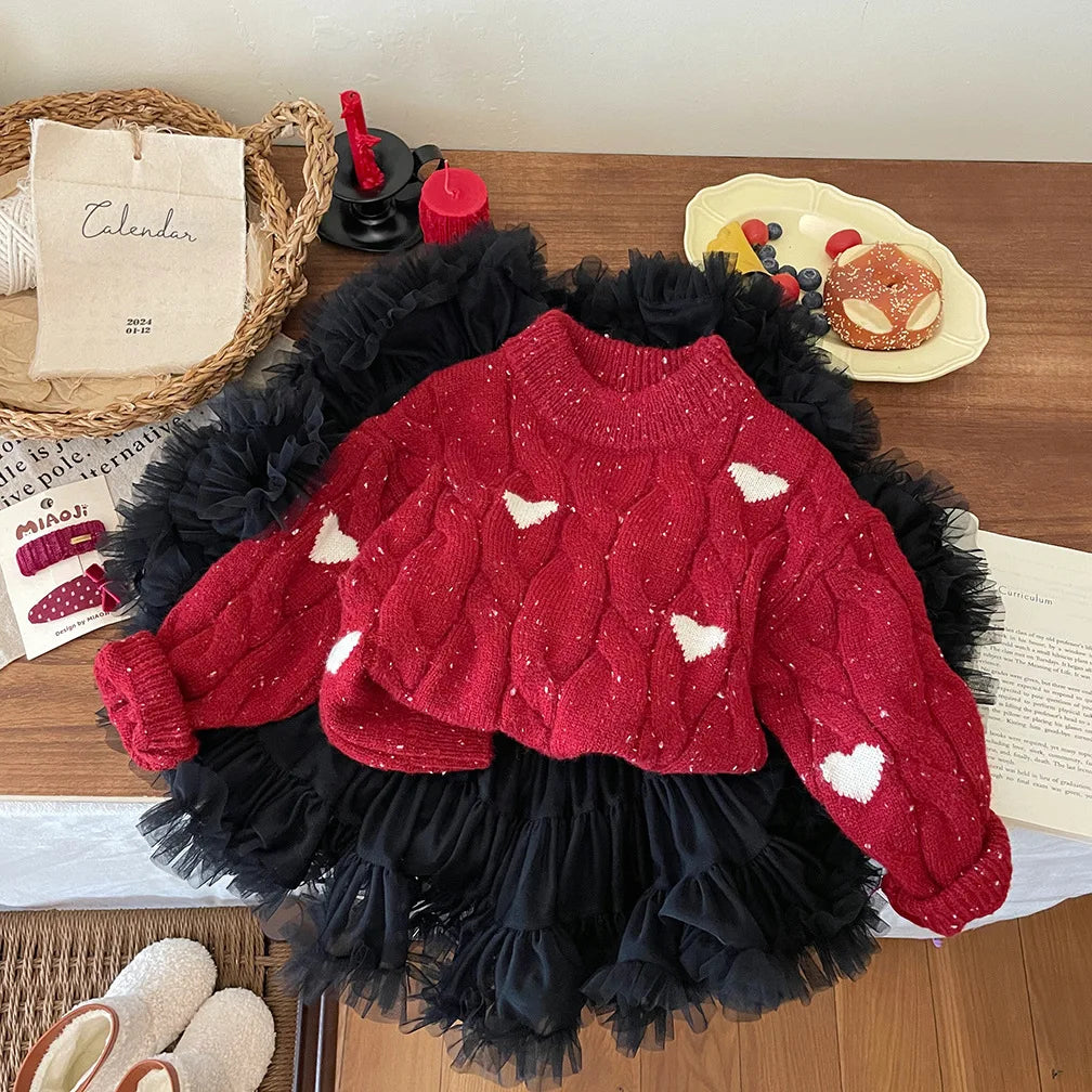 Girls Winter Red Thickened Love Sweater Winter New Baby Girl Korean Style Pullover Sweater Christmas Clothes With Tutu Dress