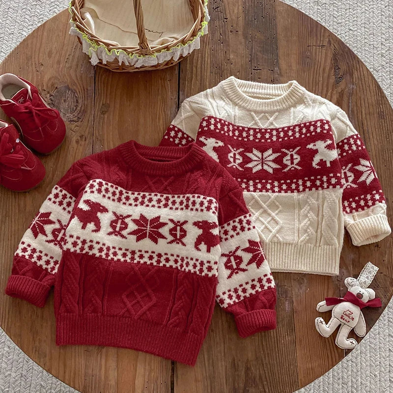 2025 Christmas Winter New Kids Sweater Christmas New Year Snowflake Knit Children Top Warm Pullover Sweater 1-6Yrs Boys Girls